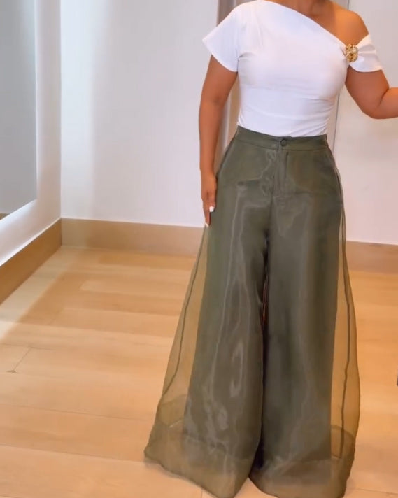 High-Waisted Sheer Layered Organza Wide-Leg Trousers OliveDrab