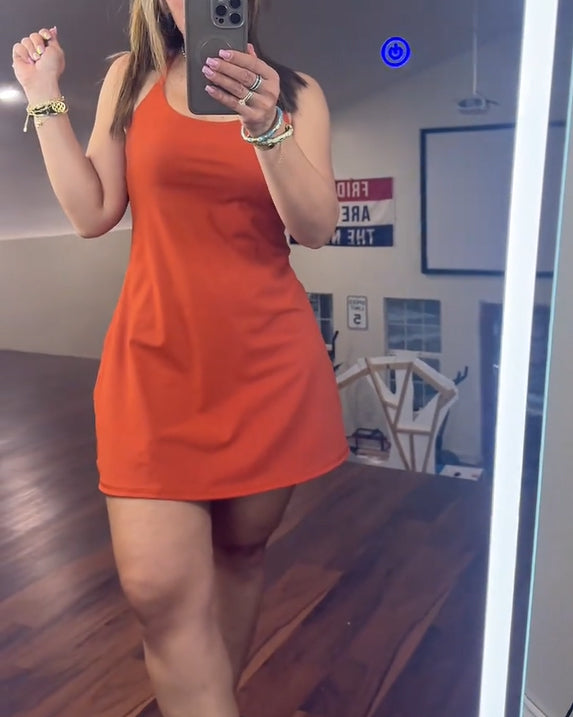 Womens Spaghetti Strap Backless Flare Workout Dress With Shorts
