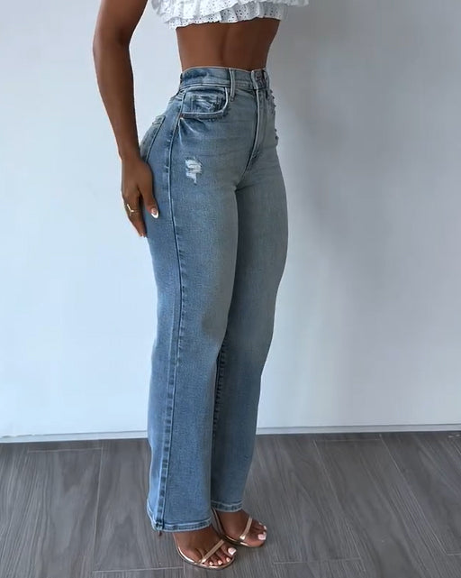 Snatched High Rise Straight Denim Jeans with Subtle Rips
