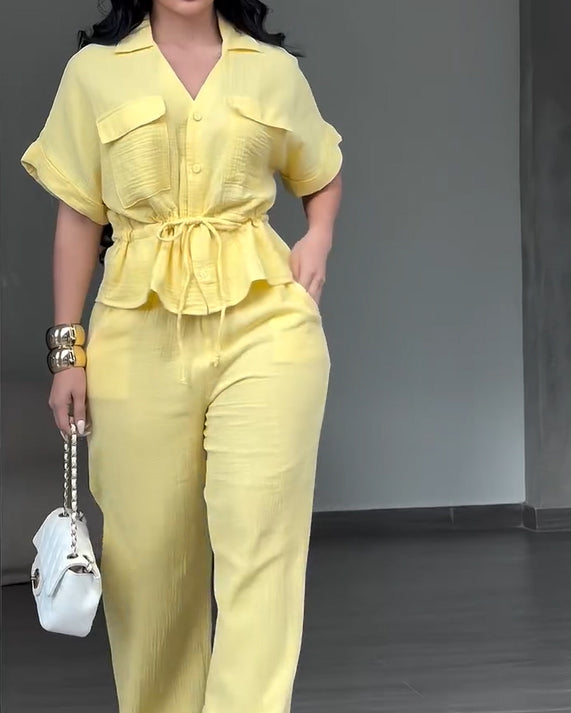 Women's 2 Piece Linen Outfits Short Sleeve Drawstring Shirts and Wide Leg Pants With Pockets Yellow