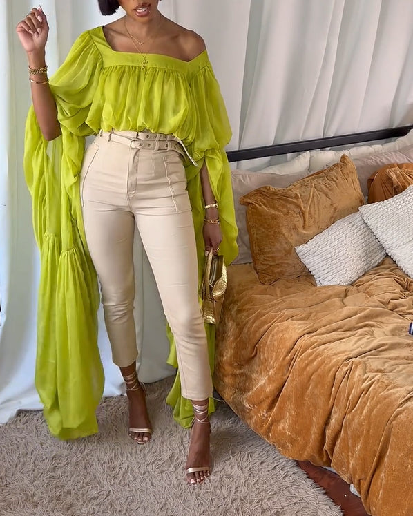 Square Neck Chiffon Ruffled Puff Sleeve Bubble Crop Top