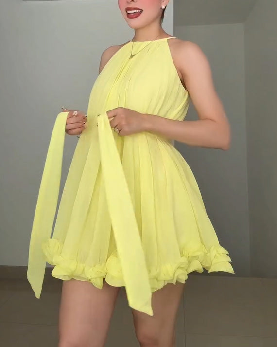 Women's Pleated Halter Neck Chiffon Mini Dress with Ruffle Hem and Tie Waist
