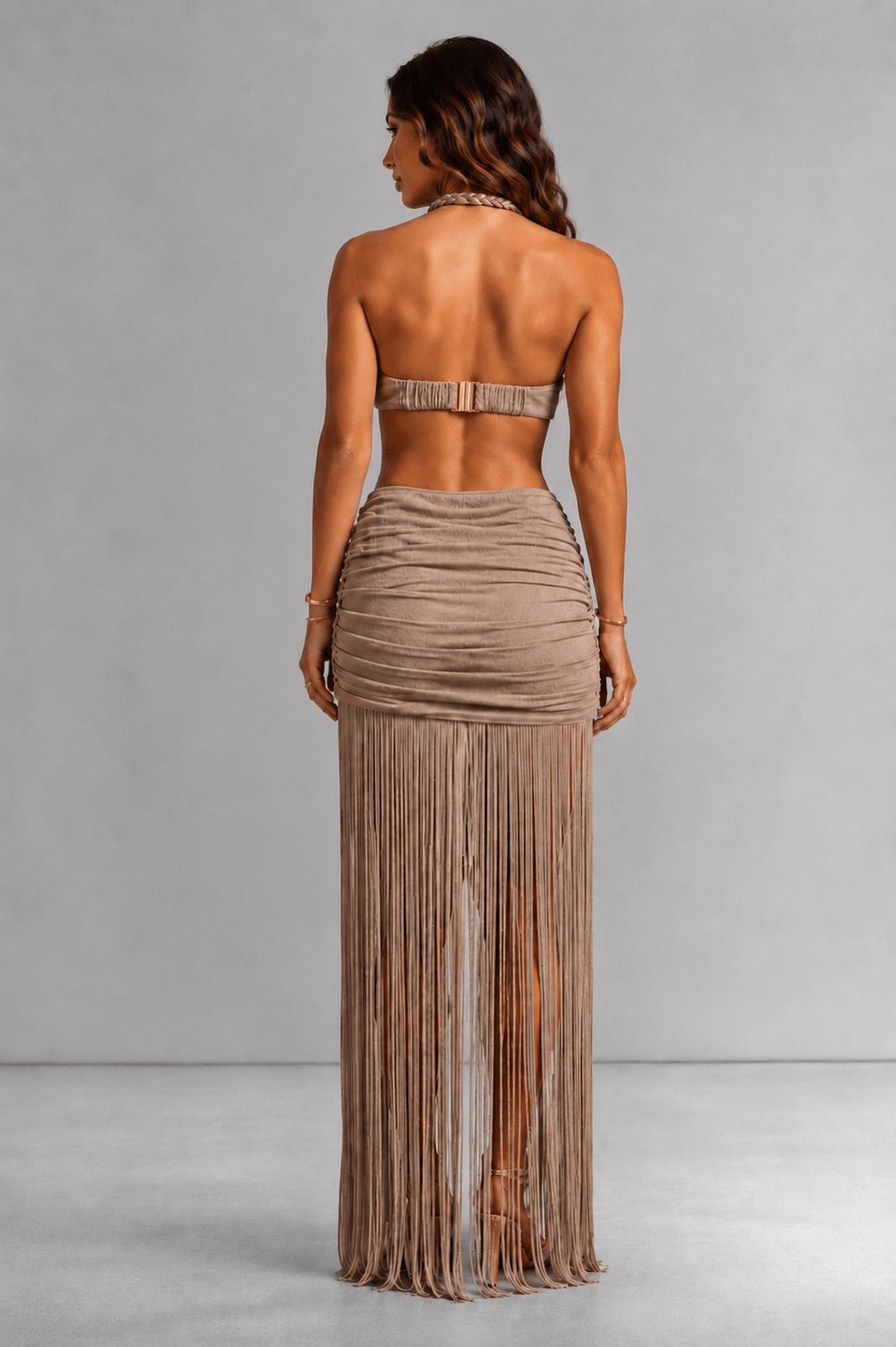 Mocha Halter Braided Cut Out Fringe Maxi Dress