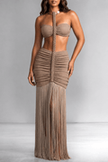 Mocha Halter Braided Cut Out Fringe Maxi Dress