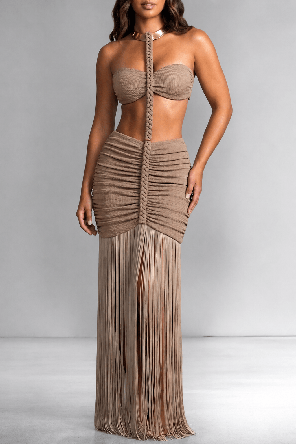 Mocha Halter Braided Cut Out Fringe Maxi Dress