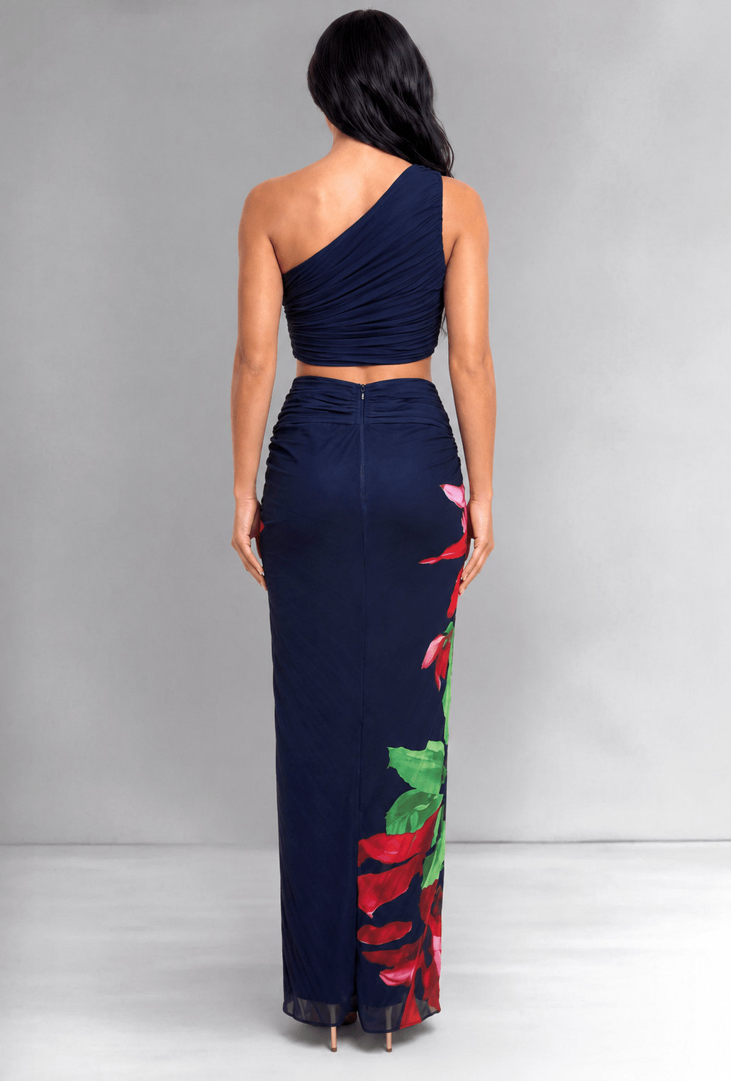 Navy Blue Lily Print One Shoulder Pleated Knot Slit Skirt Two Piece Set
