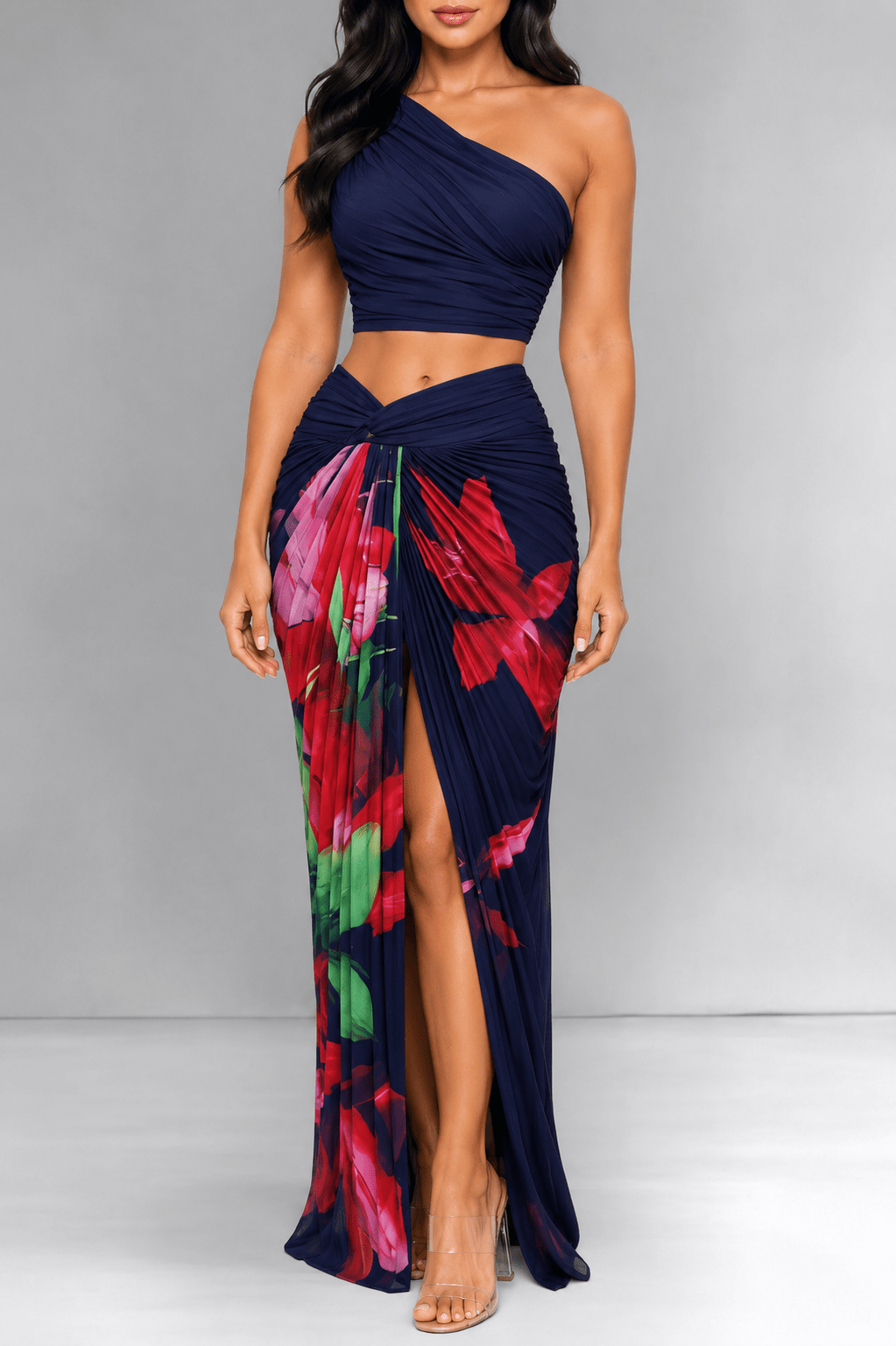Navy Blue Lily Print One Shoulder Pleated Knot Slit Skirt Two Piece Set