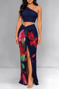 Navy Blue Lily Print One Shoulder Pleated Knot Slit Skirt Two Piece Set