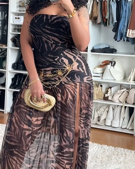 Strapless Leopard Print High-Slit Mesh Maxi Dress