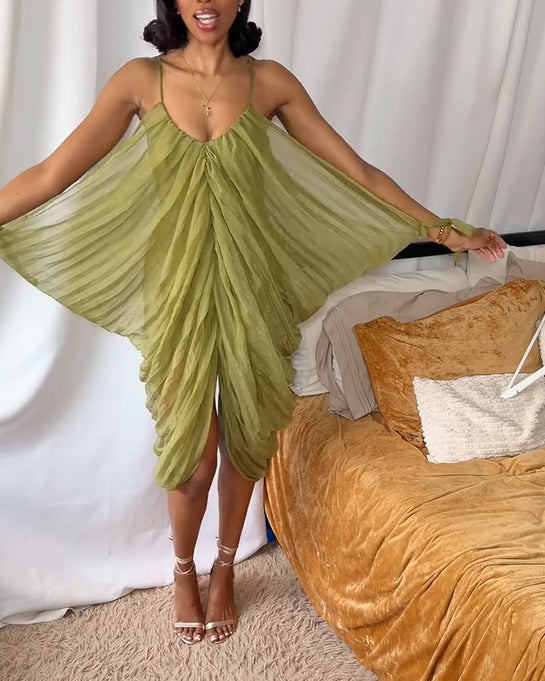 Women's Elegant Draped Mesh Midi Dress Sexy Plunging Neckline Ruched Cami Slip Dress