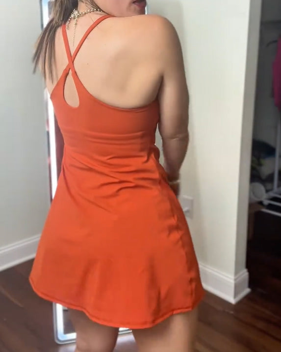 Womens Spaghetti Strap Backless Flare Workout Dress With Shorts