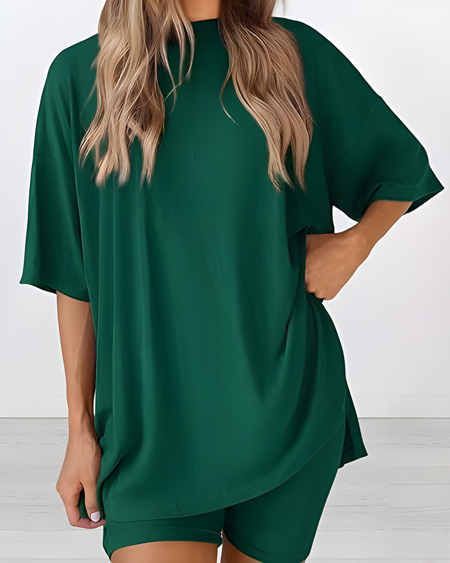Casual Two-Piece Lounge Set Oversized Split Hem Shirt Green
