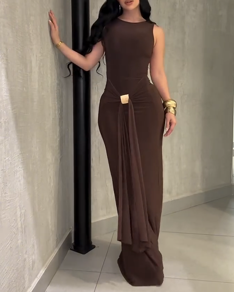 Slim Fit Backless Sleeveless Dress Brown