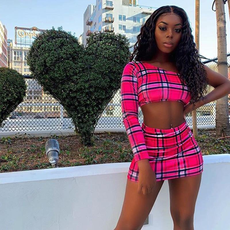 One Shoulder Plaid Set Pink