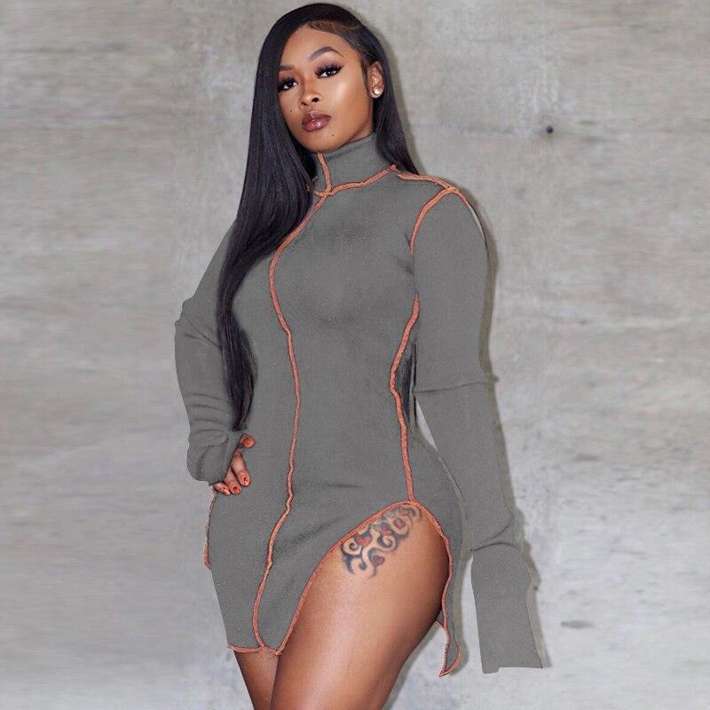 Side Slit Long Sleeve Dress Gray