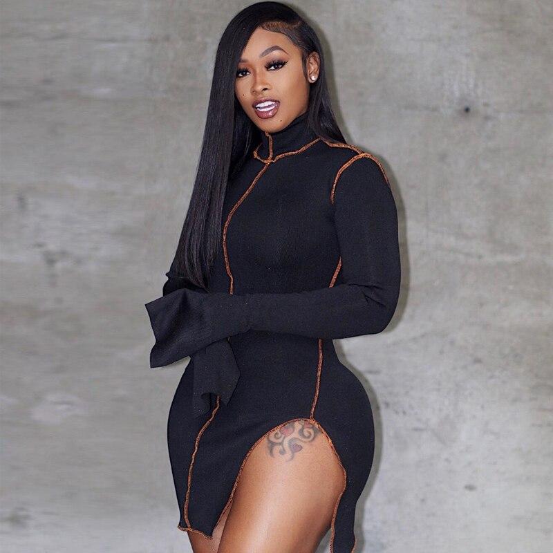 Side Slit Long Sleeve Dress Black