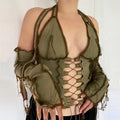 Hollow Crop Top With Gloves Green