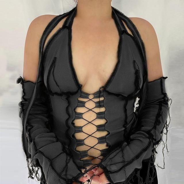 Hollow Crop Top With Gloves Black