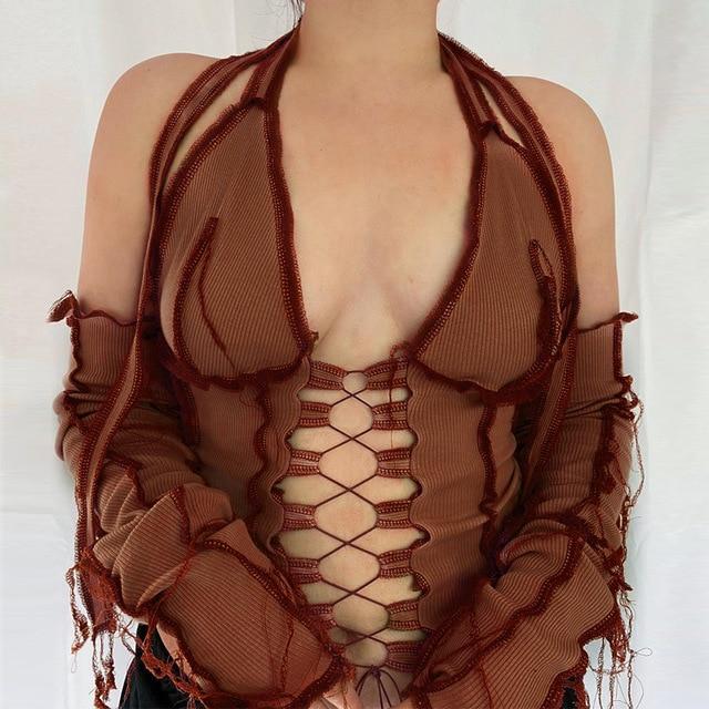 Hollow Crop Top With Gloves Brown