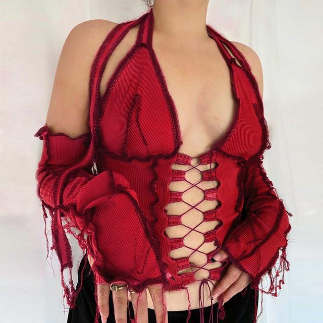 Hollow Crop Top With Gloves Red