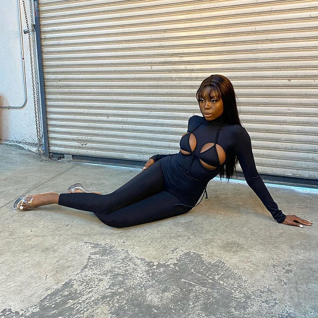 Bold Keyhole Long-Sleeve Jumpsuit Black