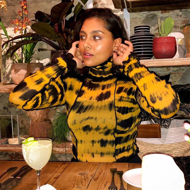 Mesh Turtleneck Stylish Top Orange