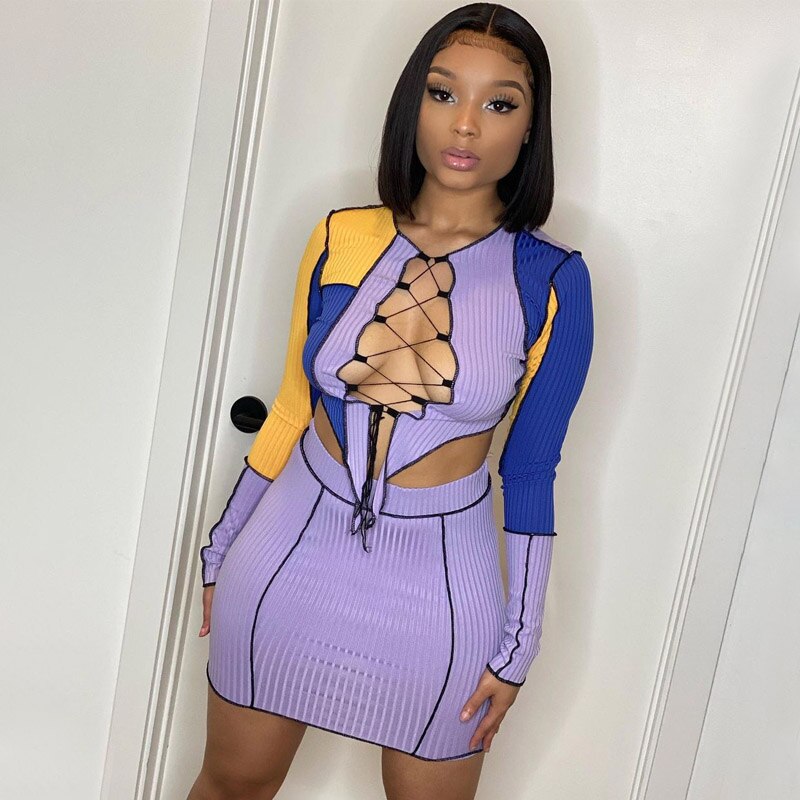 Knit Ribbed Patchwork Matching Set Purple