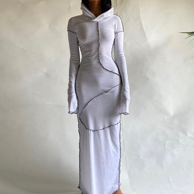 Patchwork Hooded Autumn Dress White