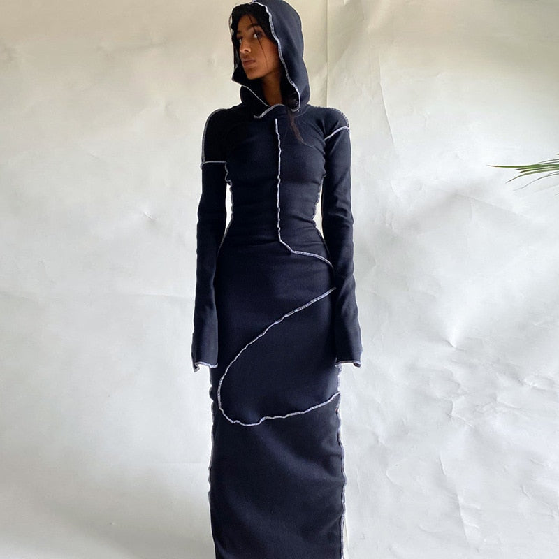 Patchwork Hooded Autumn Dress Black