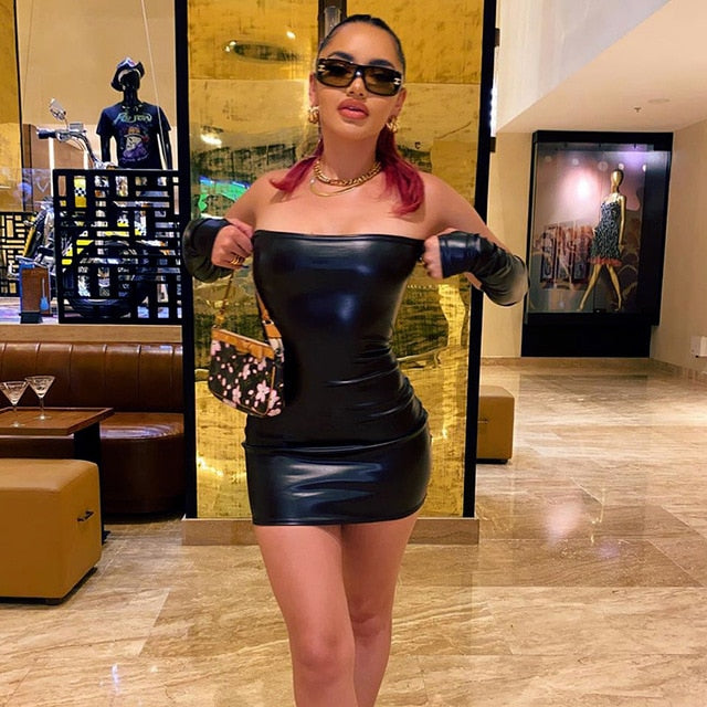Faux PU Leather Dress With Gloves Black