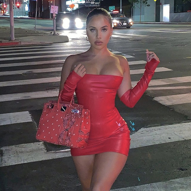 Faux PU Leather Dress With Gloves Red