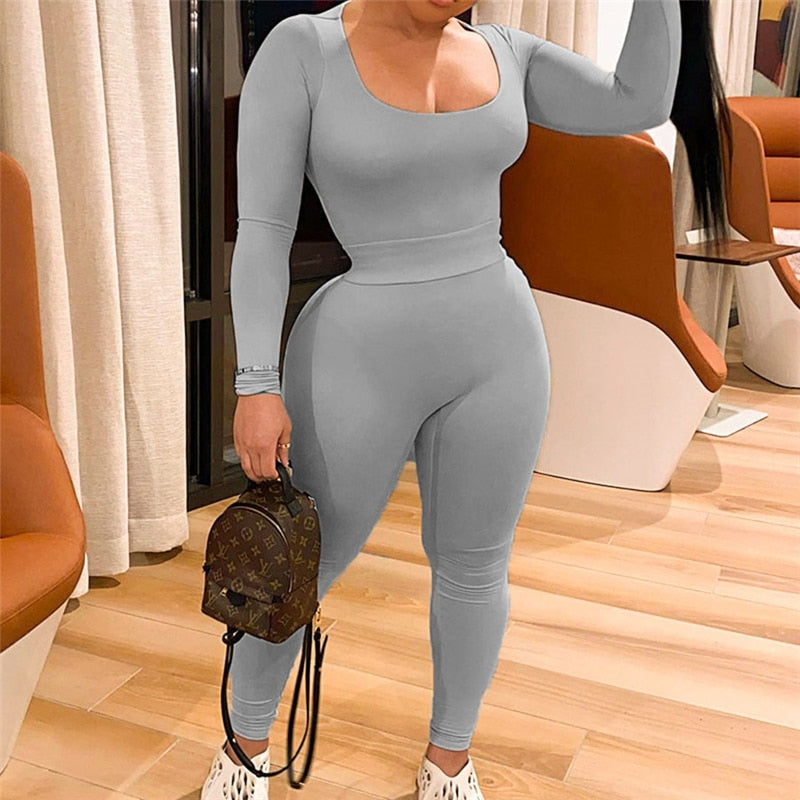 Solid Sportive Bodysuit Set Gray
