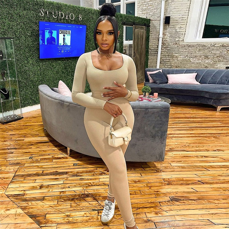 Solid Sportive Bodysuit Set Khaki