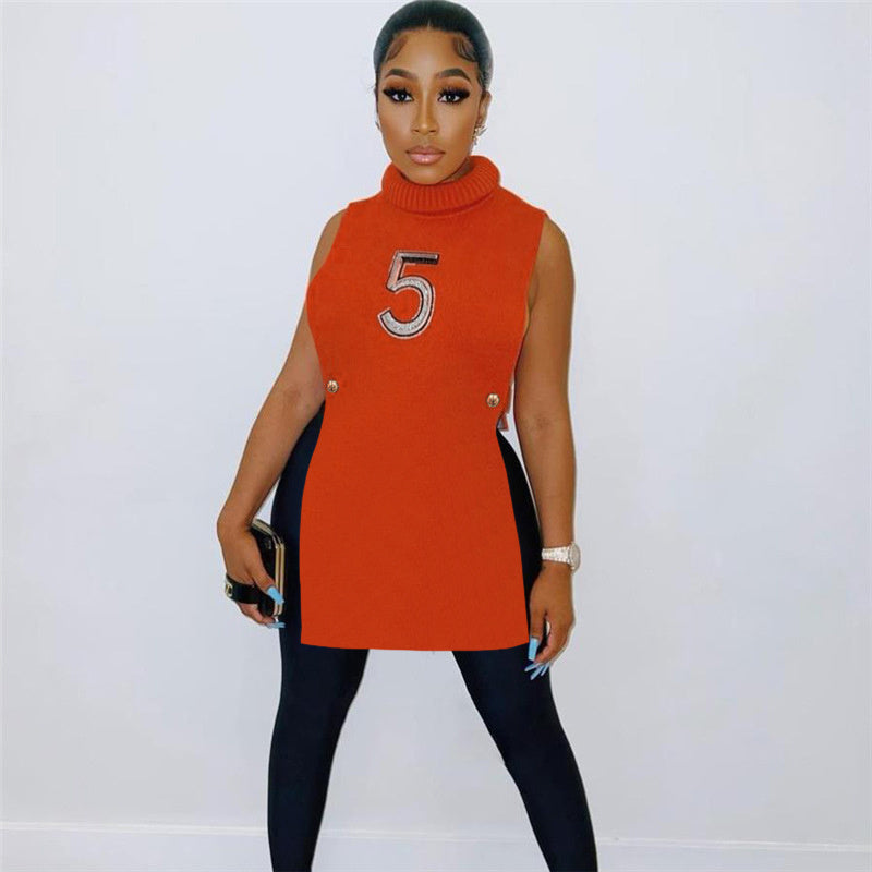 Knit Turtleneck Long Top Orange