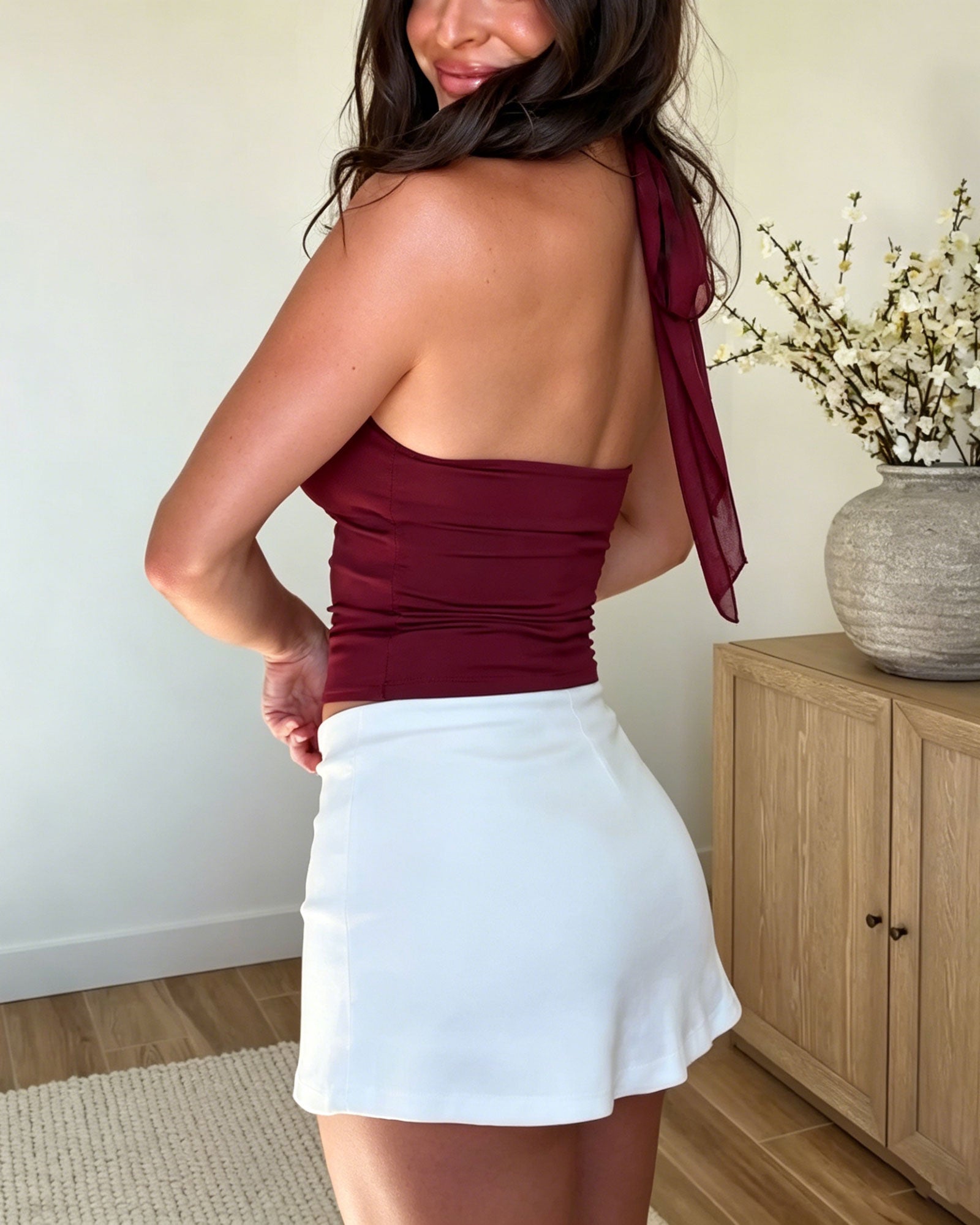Sheer Deep V-Neck Backless Lace-Up Short Tank Top