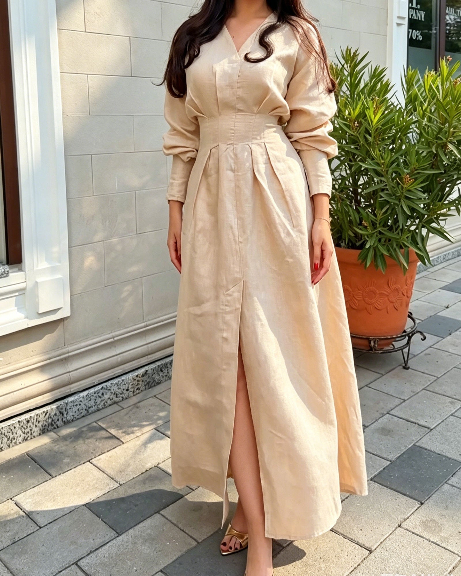 Linen V-Neck Long Sleeved High Waisted Dress With Back Tie And Front Slit