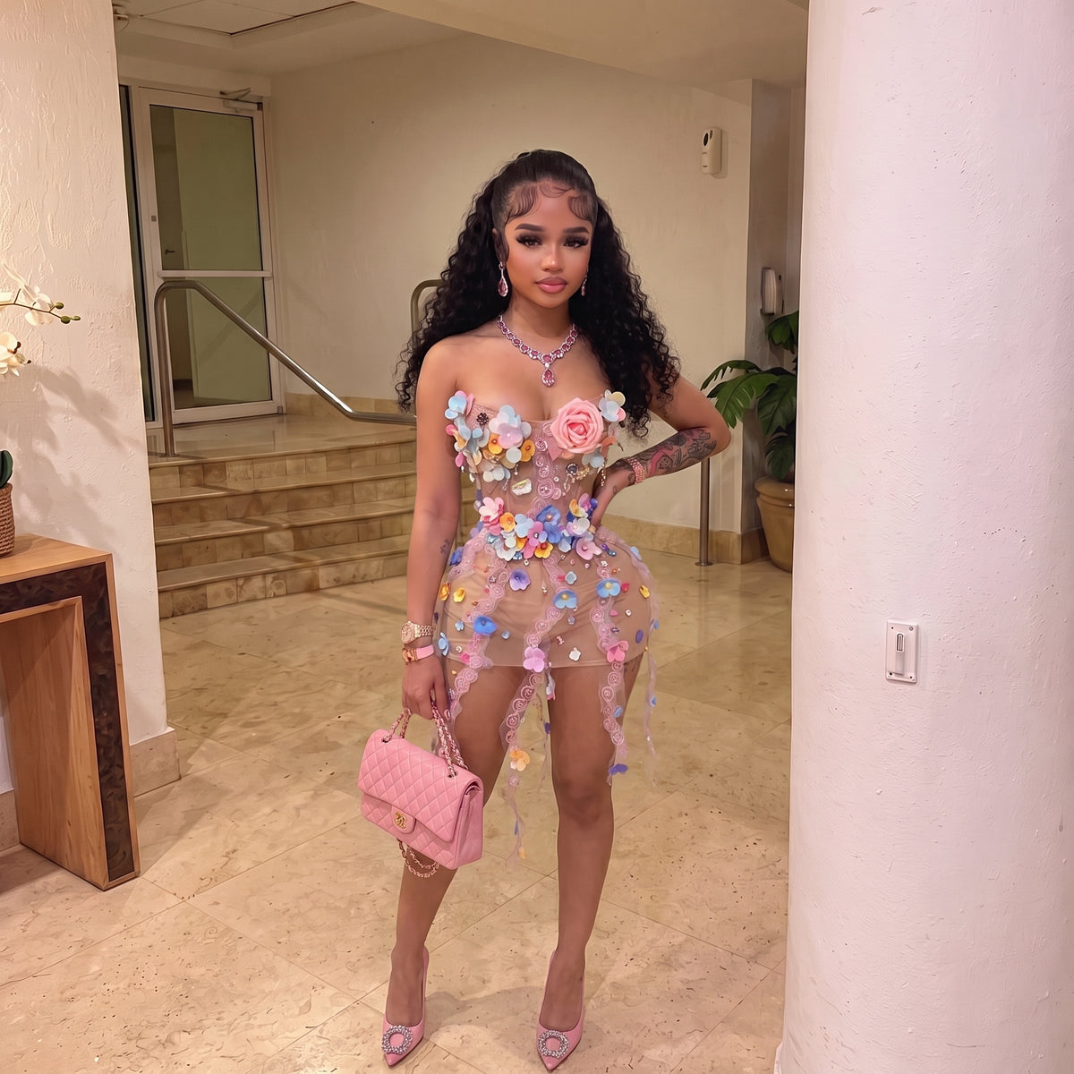 Floral Petal Mesh Mini Dress