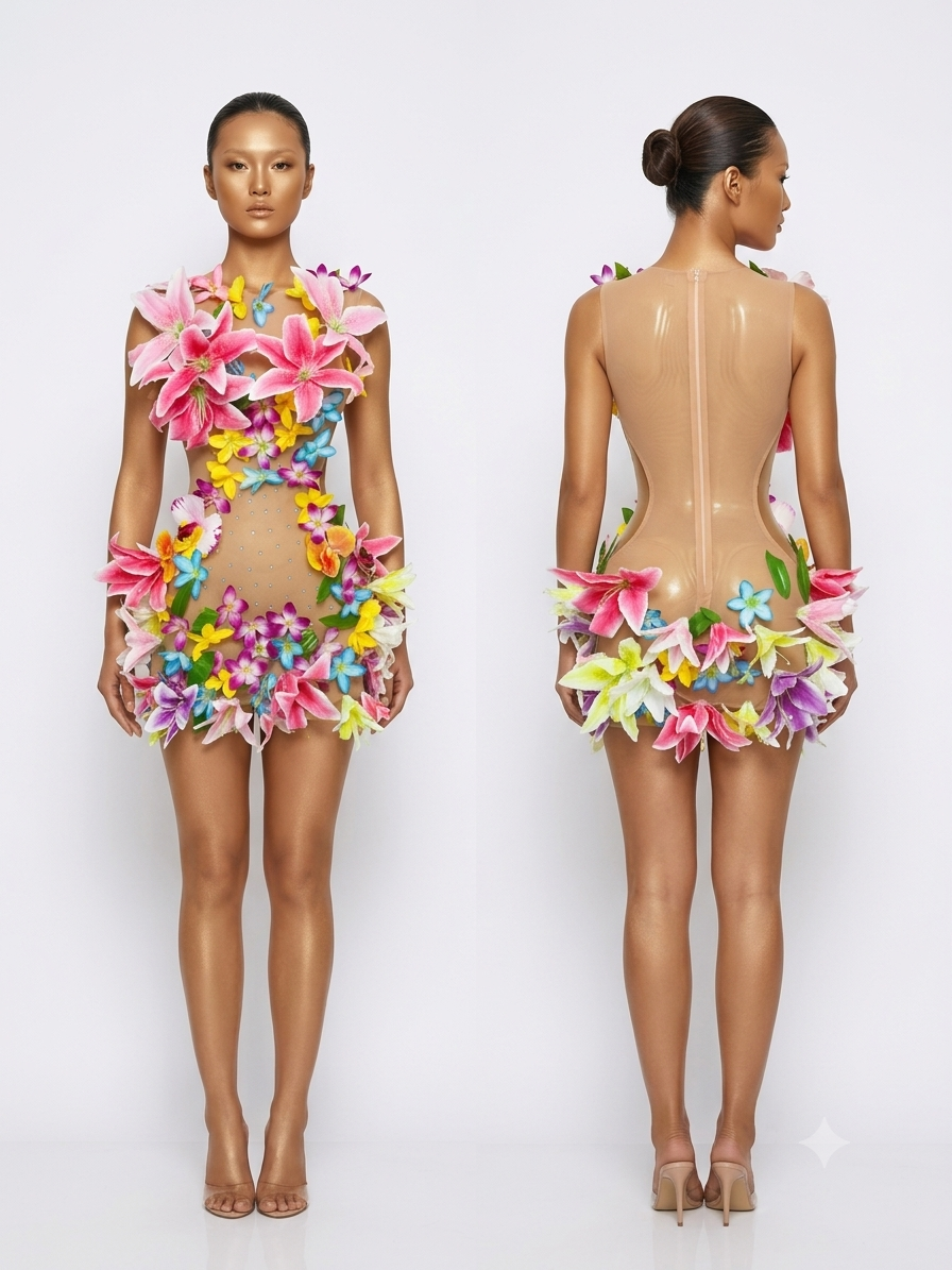 Flowers Mesh Mini Dress
