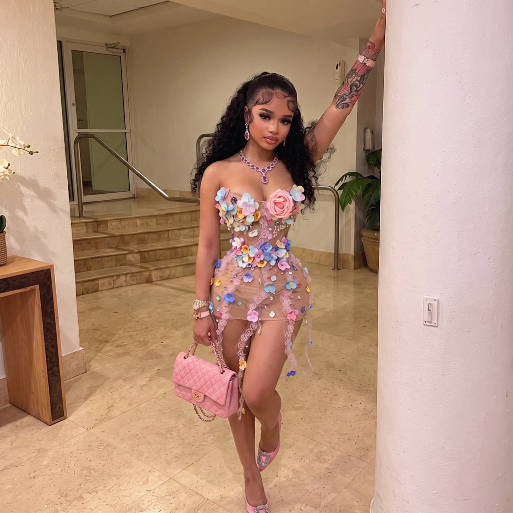 Floral Petal Mesh Mini Dress