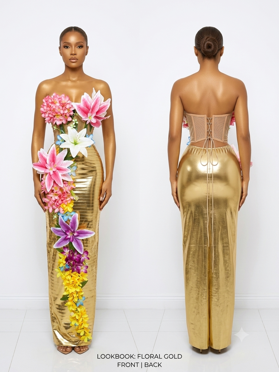 3D Flower Golden Skirt Set