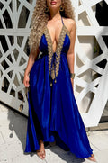 Royal Blue Gold Rhinestone Drawstring Halter Maxi Dress