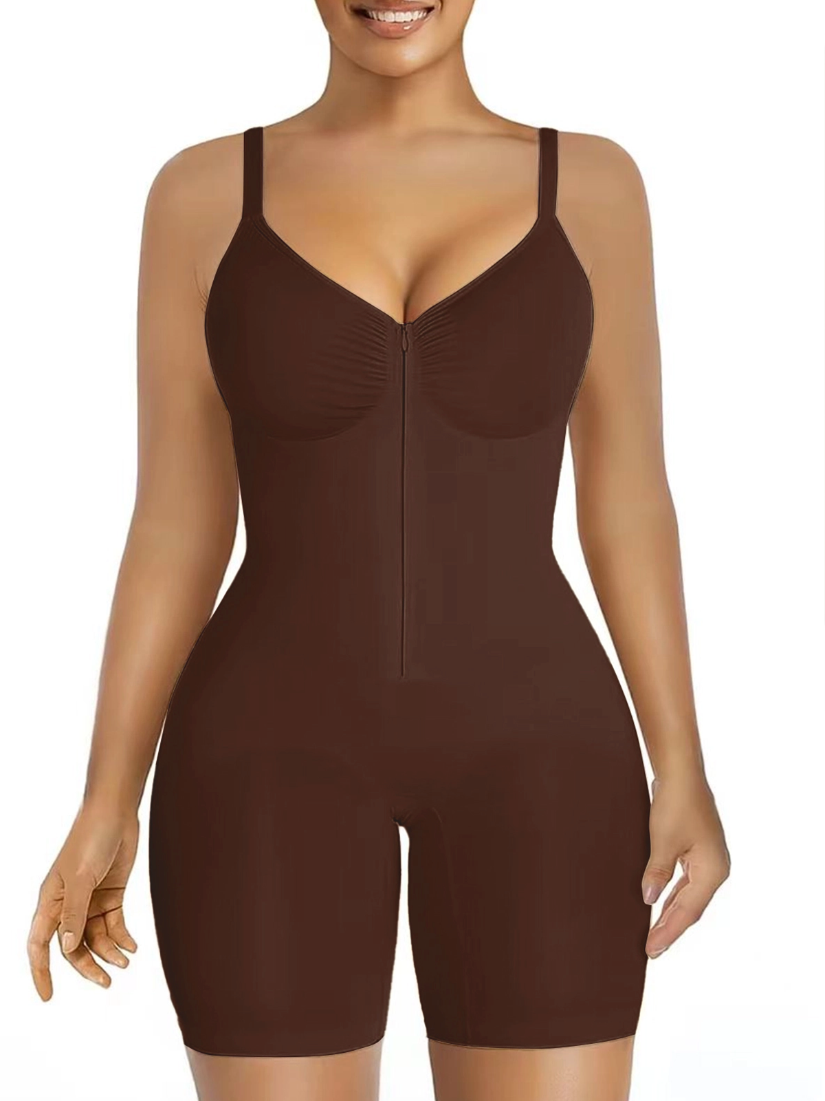 Women's High Elastic Zipper Adjustable Straps Breathable Mesh Design Tummy Control Body Shaper Mocha Mousse