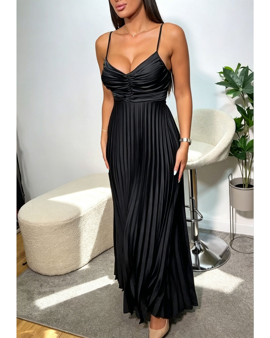 Spaghetti Strap Ruffled Backless Bow Cutout Pleated Maxi Dress