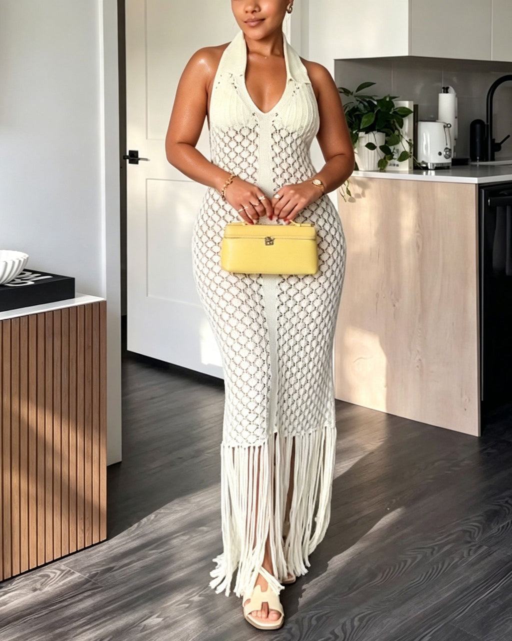 Openwork Crocheted Backless Tassel Hem Midi Length Cover Up Dress