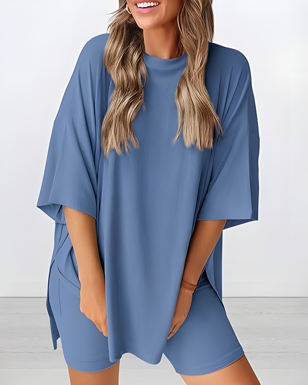 Casual Two-Piece Lounge Set Oversized Split Hem Shirt
