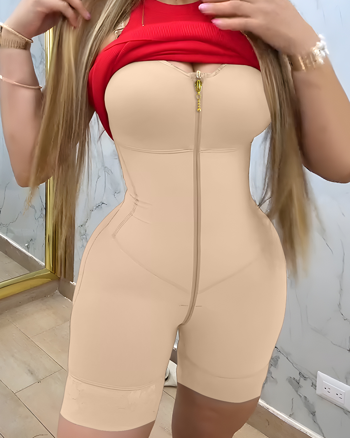 Women's Front Zipper Tummy Controlling Full Body Shaper Tan