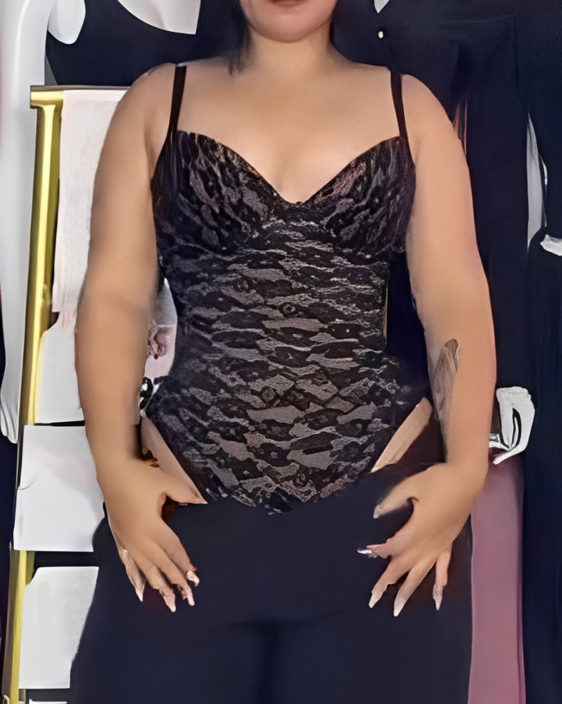 V Neck Lace Tie Up Tummy Control Bodysuit Black
