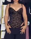 V Neck Lace Tie Up Tummy Control Bodysuit Black