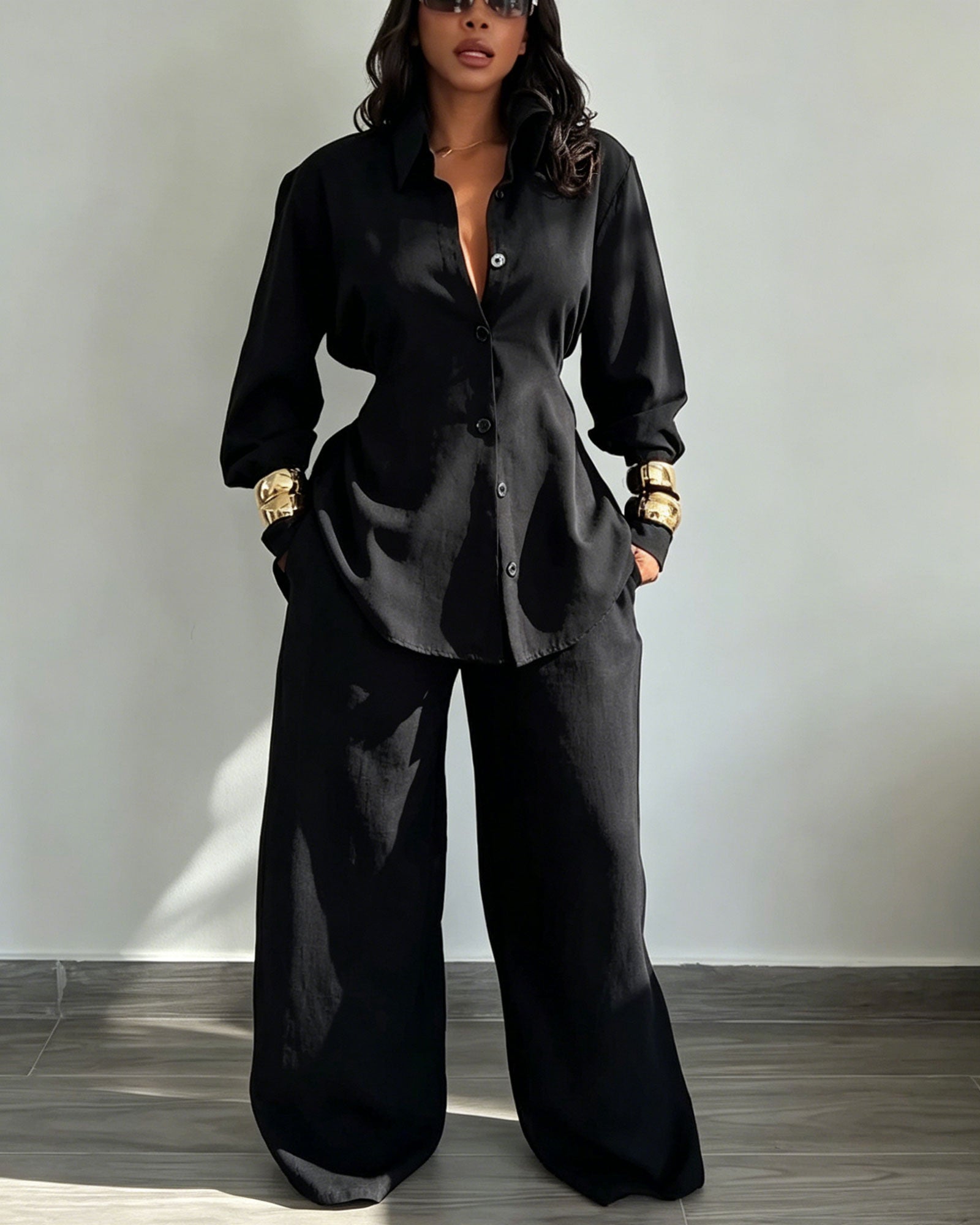 Two Piece Set: Long Sleeved Shirt With Back Tie And High Waisted Wide Leg Pants