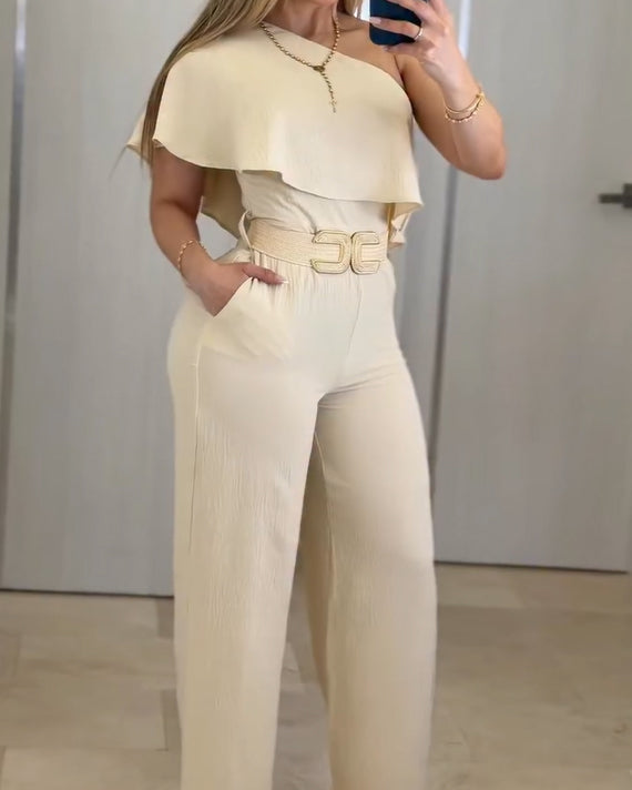 One Shoulder Ruffle Wide Leg Jumpsuit